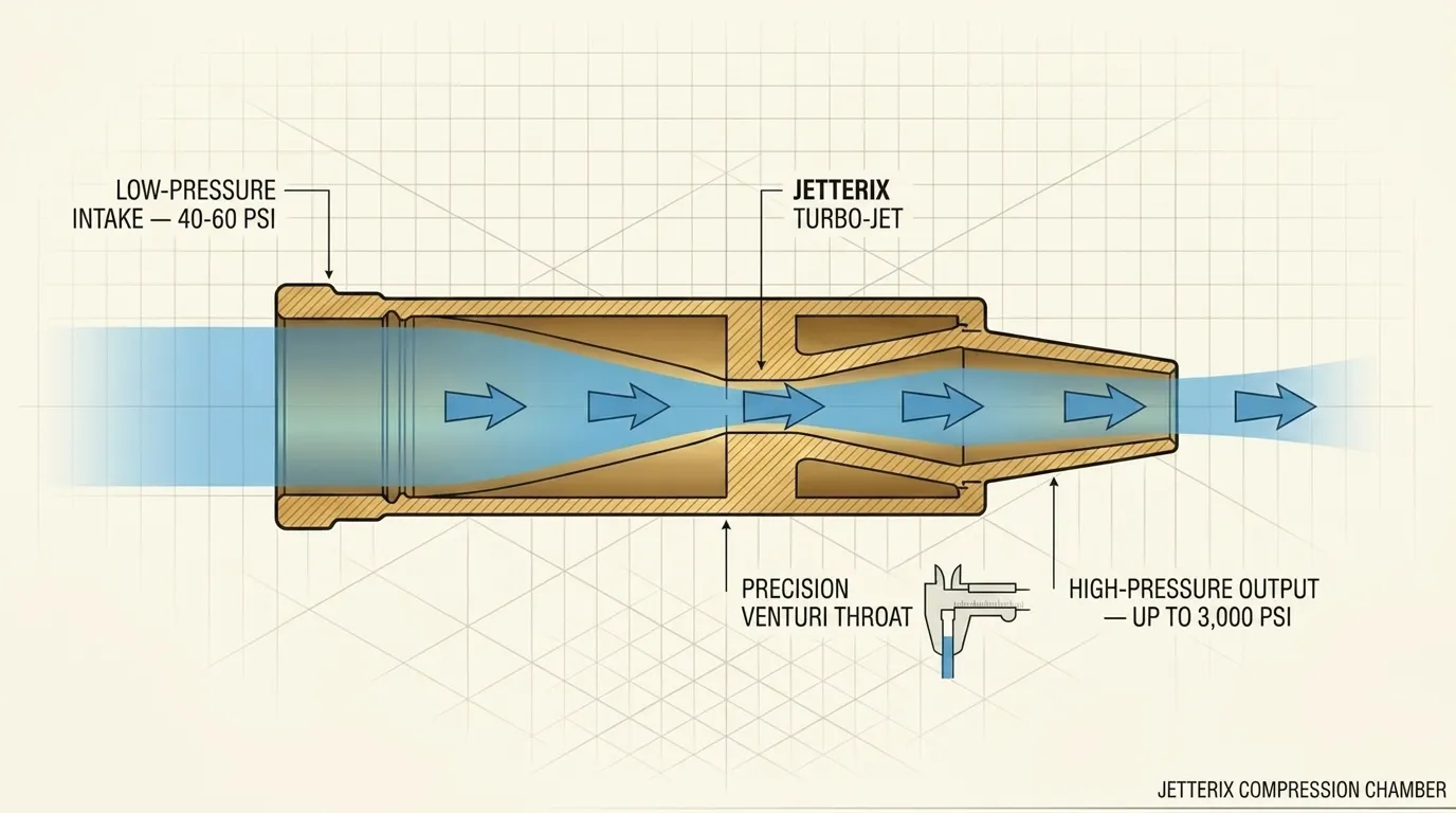 Diagram of the Power Blast Plus compression chamber — cross-section showing low-pressure intake, venturi throat, and high-pressure output
